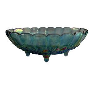 Vtg Carnival Glass Fruit Bowl Indiana Blue Oval Footed Harvest Grape Iridescent